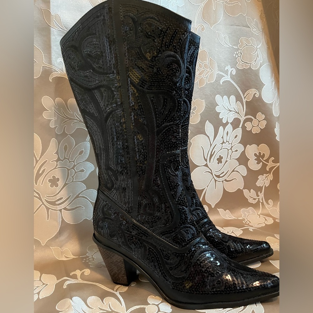Helens Heart Tall Sequin and Embroidered Boots with Zipper Closure!